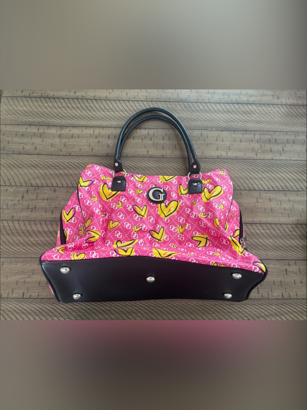 Guess Pink Travel Bag with Yellow Heart Print and Black Trim
